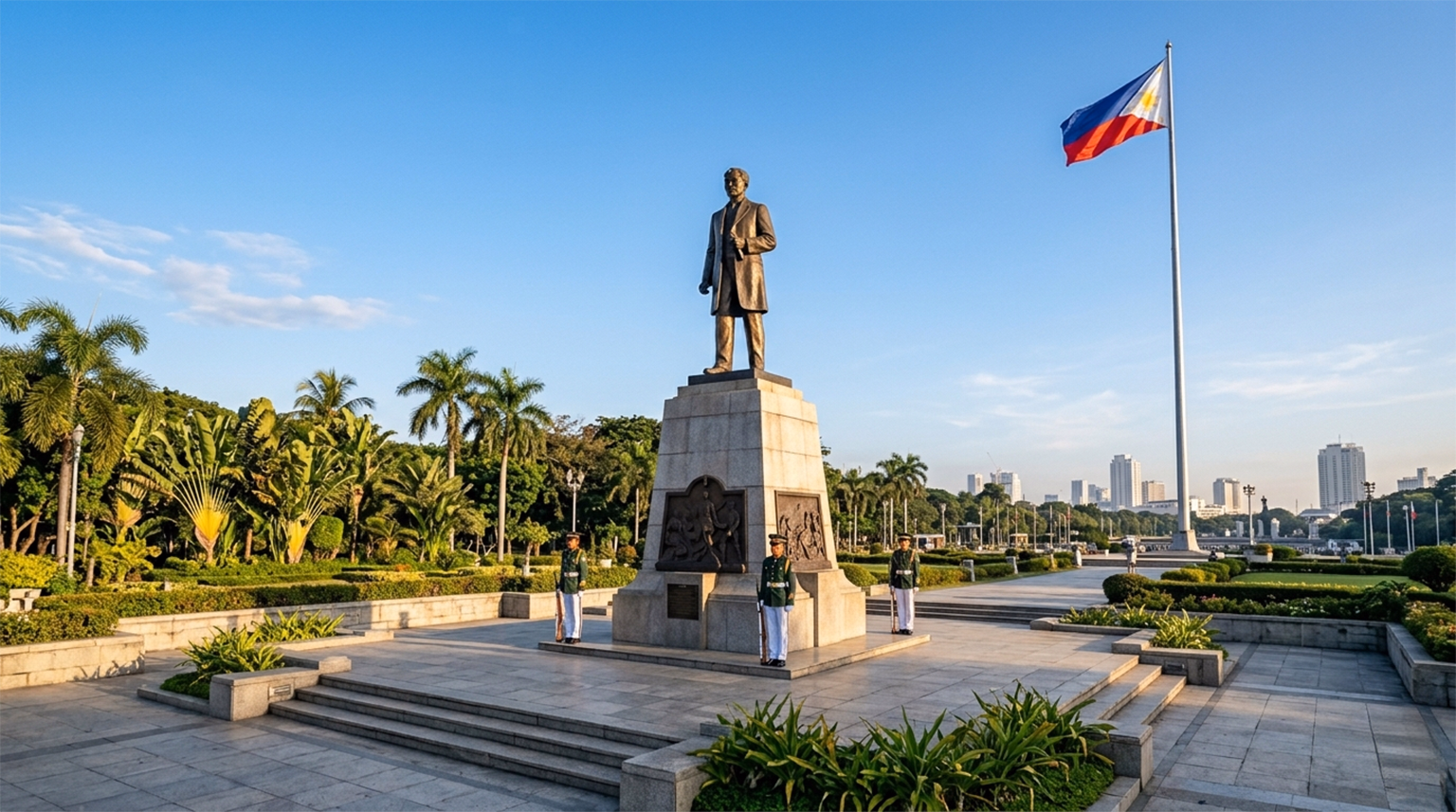 Rizal Monument bronze statue Rizal Park Manila Philippines with honor guard at base
