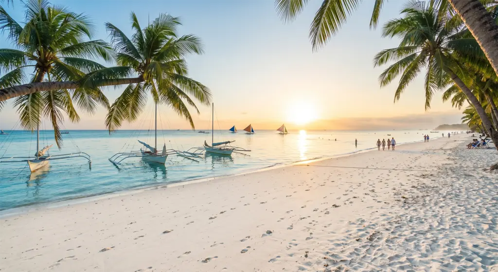 White Beach at sunset with sailboats and palm trees Boracay Aklan Philippines