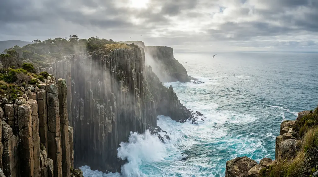 Bruny Island dolerite cliffs and Southern Ocean on a day trip from Hobart, Tasmania