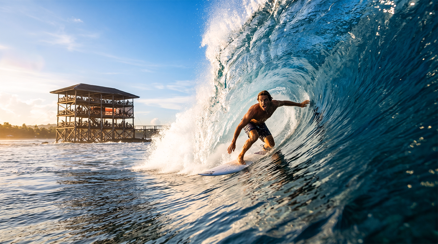 Cloud 9 hollow right-hand reef break wave surfer competition tower, Siargao Island, Philippines