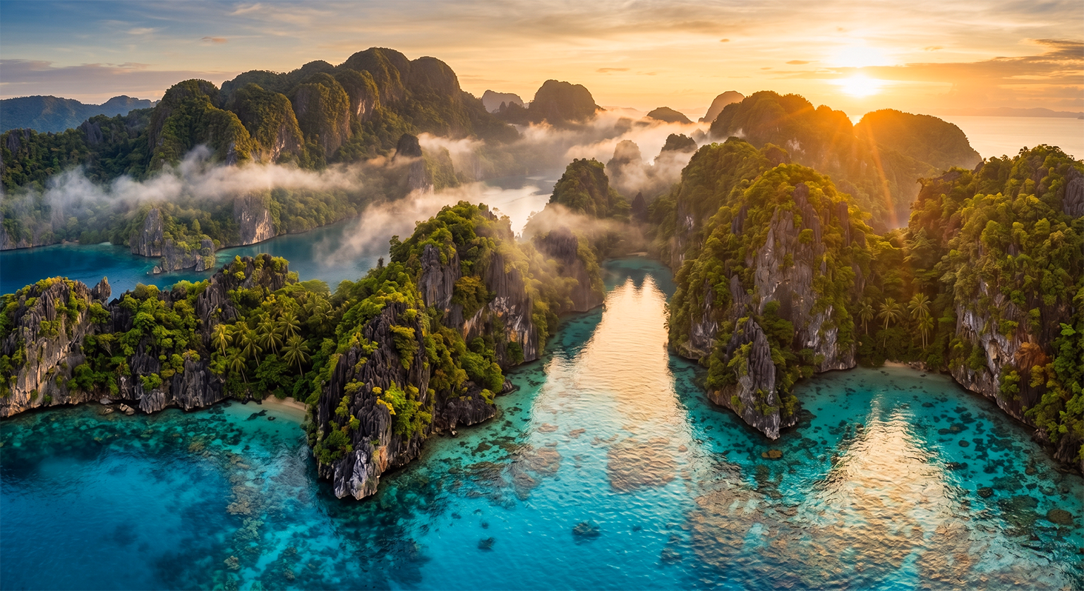 Aerial view limestone karst islands turquoise lagoon El Nido Palawan Philippines