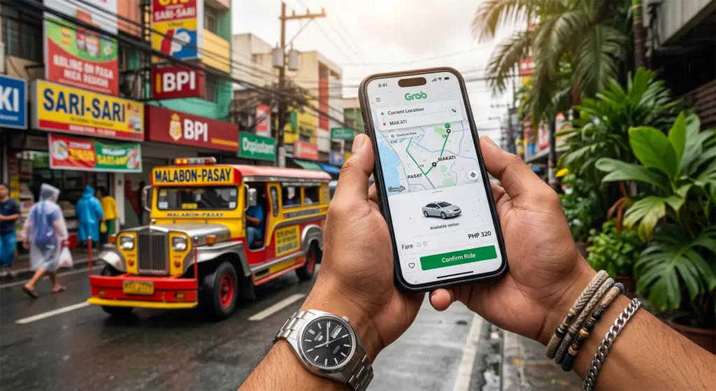 Grab ride-hailing app on smartphone with Philippine city street background Cebu