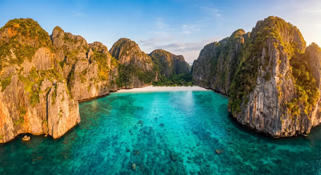 Maya Bay Phi Phi Leh island clear turquoise water limestone cliffs aerial view Krabi Thailand
