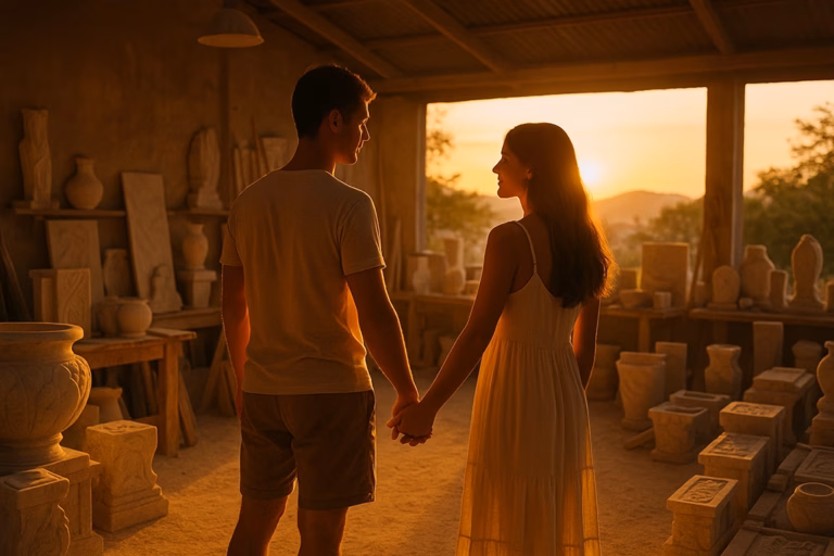 Couple holding hands in a marble workshop in Romblon at sunset with stone carvings in the background.