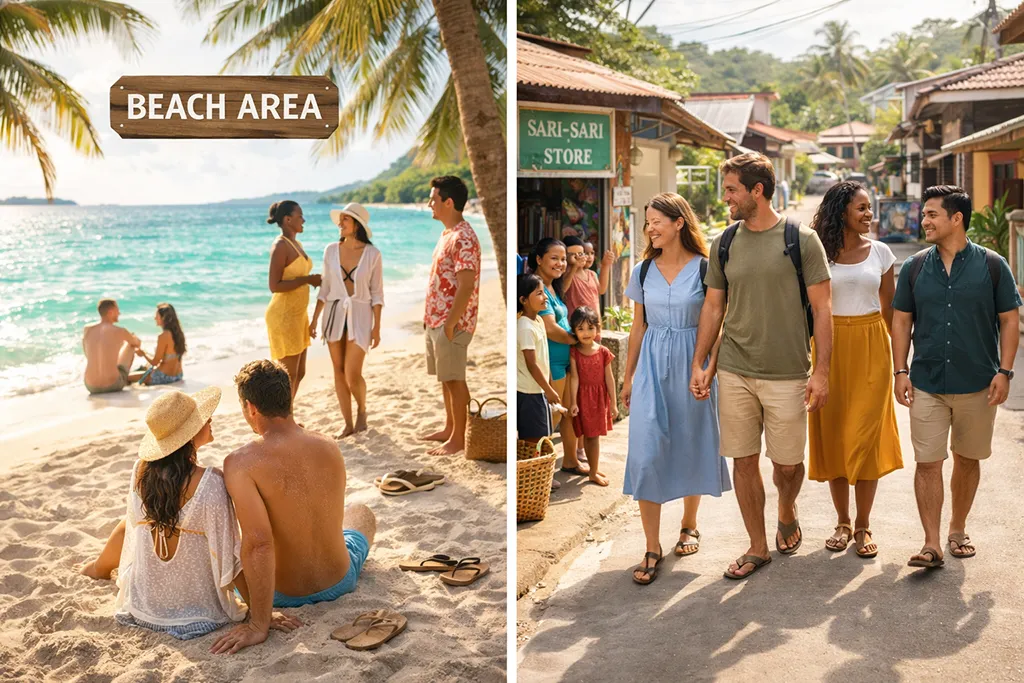 Cultural etiquette Philippines travelers guide showing appropriate beach attire versus town clothing for respectful tourism