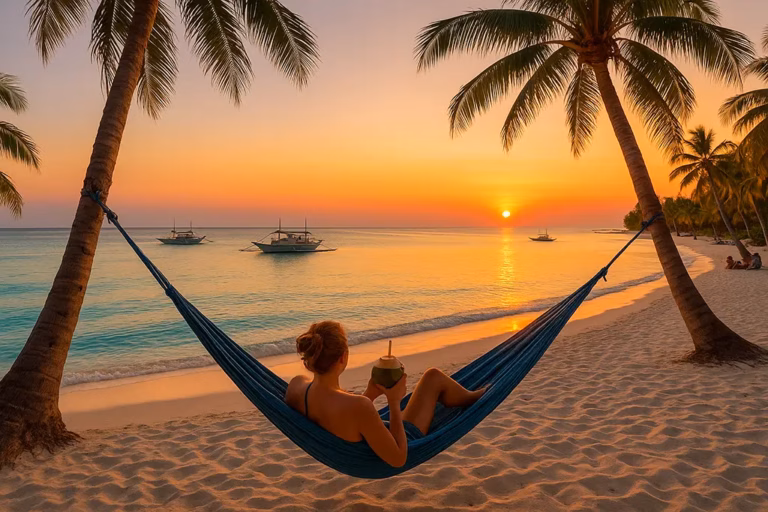 White sand beach in the Philippines with palm trees and hammock at sunset.