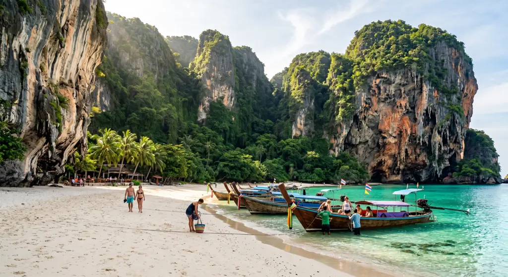 Railay Beach turquoise water limestone cliffs longtail boats Krabi Thailand