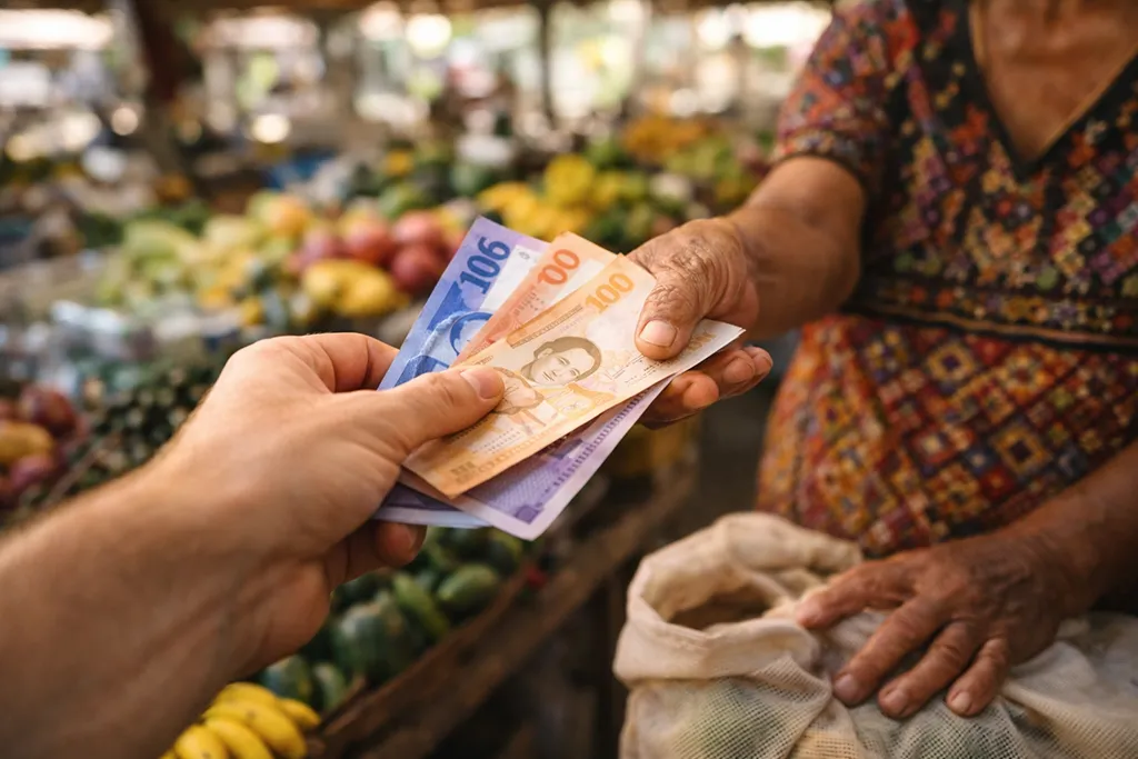 Responsible tourist in Philippines paying local market vendor with appropriate peso bills demonstrating fair trade practices