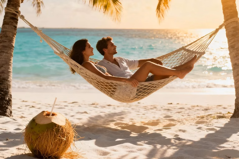 Hammock on Boracay White Beach with coconut drink and turquoise ocean.