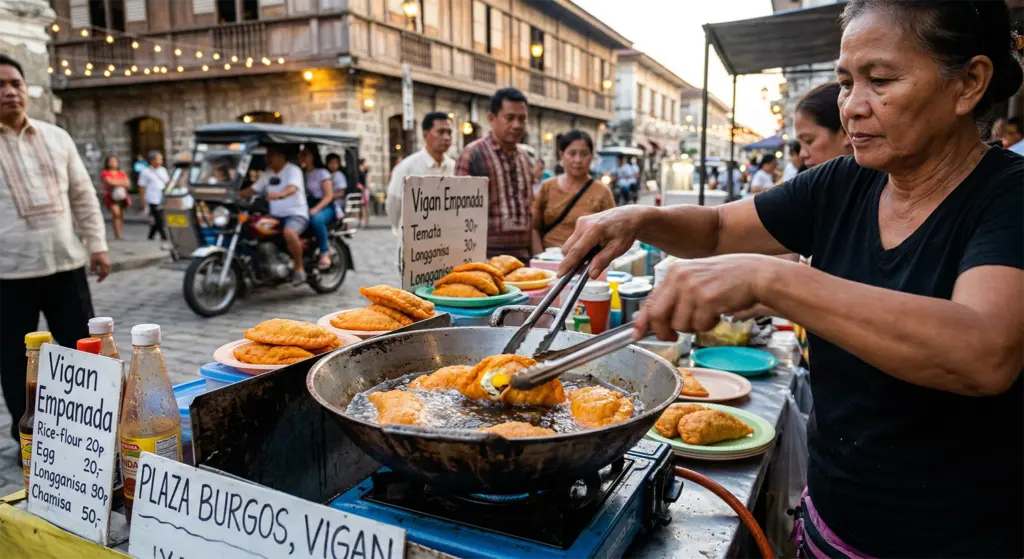 Vigan empanada street food Plaza Burgos Vigan City Philippines rice flour