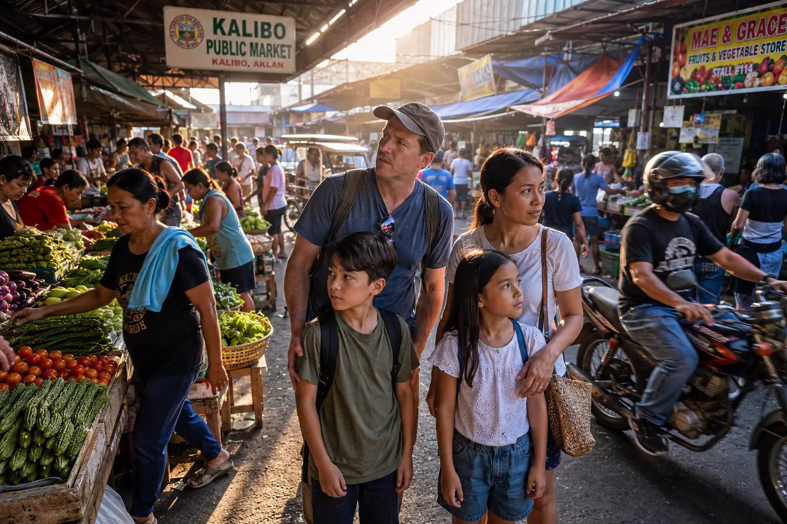 Foreign family experiencing authentic Kalibo public market during Philippines family travel adventure