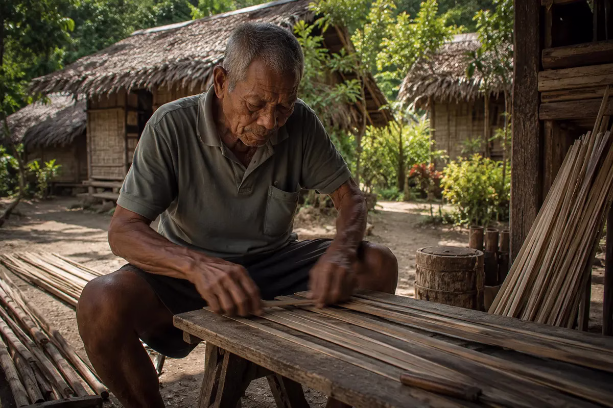 Mindoro elder crafting traditional bamboo fish trap demonstrating indigenous innovation and culture