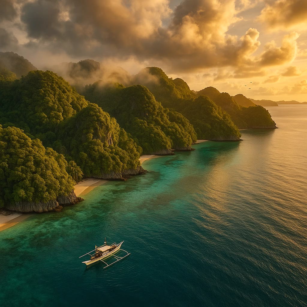Aerial view of pristine Dinagat Islands coastline with forested hills and traditional pump boat