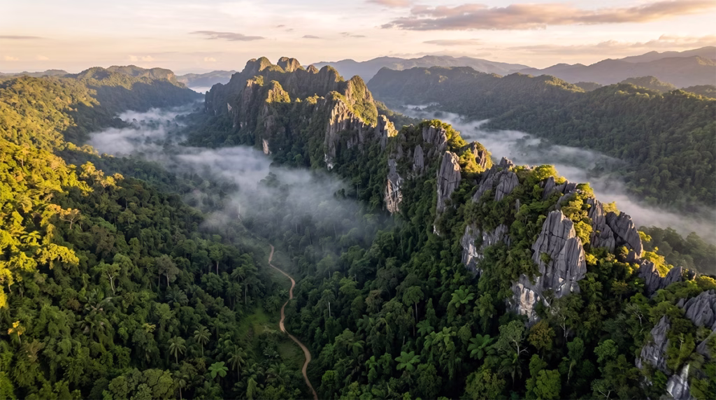Aerial view of Masungi Georeserve karst limestone formations and trails through tropical forest, Baras Rizal, Philippines