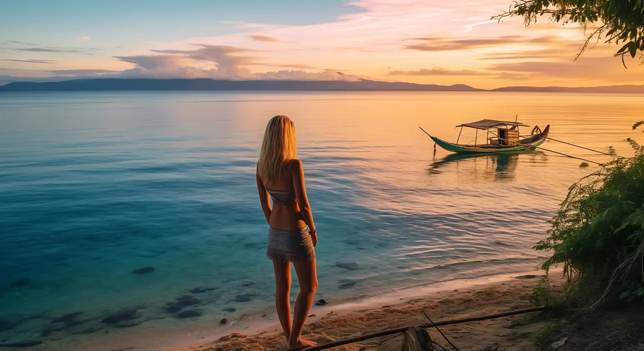 A tourist standing near the shore watching the sunset